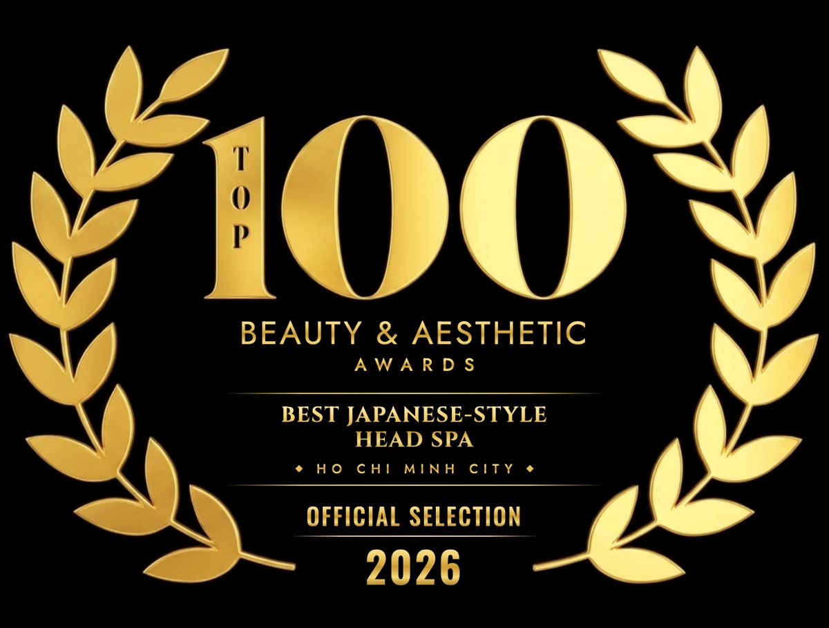Top 100 Beauty & Aesthetic Awards 2026 emblem — Best Japanese-Style Head Spa, Ho Chi Minh City, Official Selection